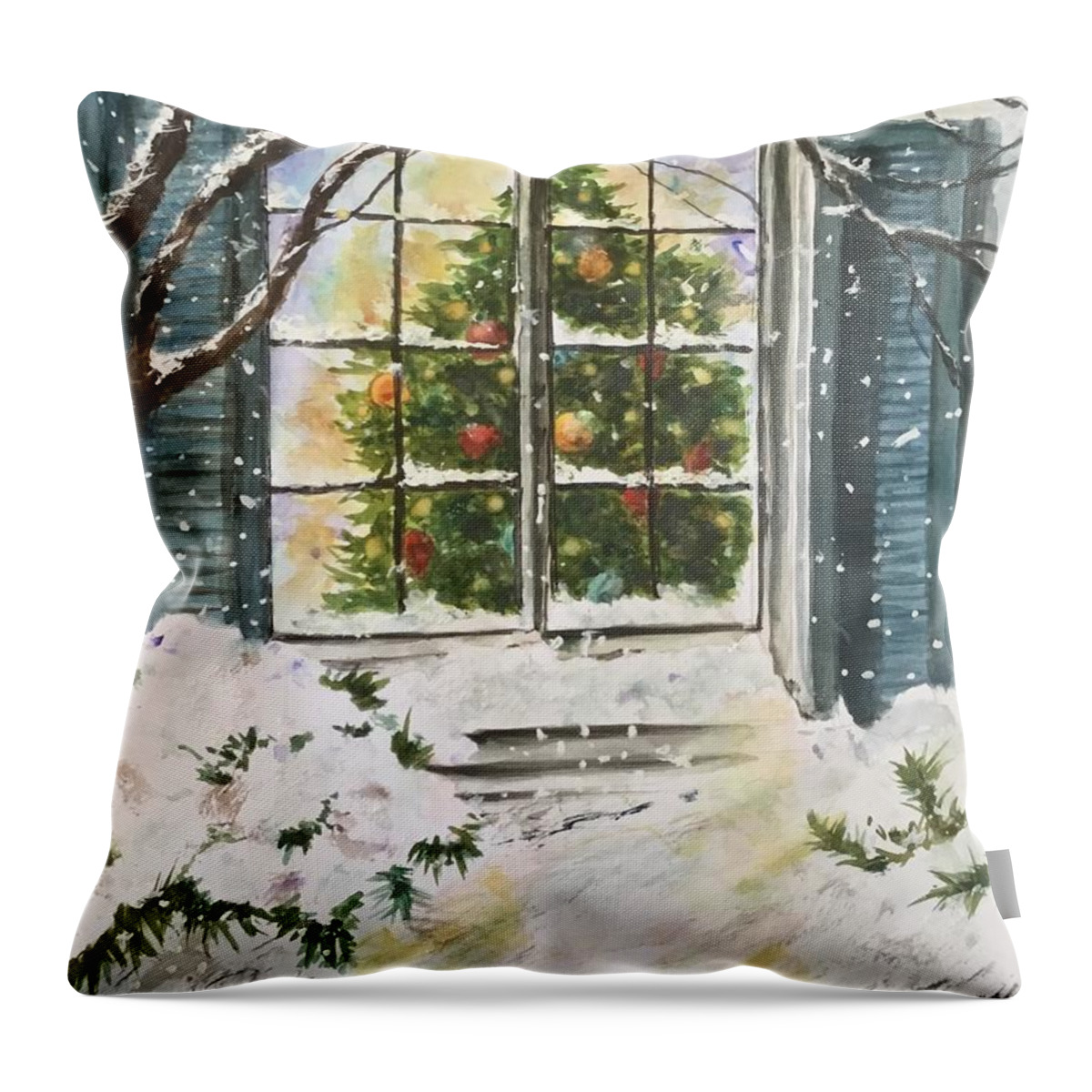 Snow Throw Pillow featuring the painting Reflections of Christmas by Cheryl Wallace