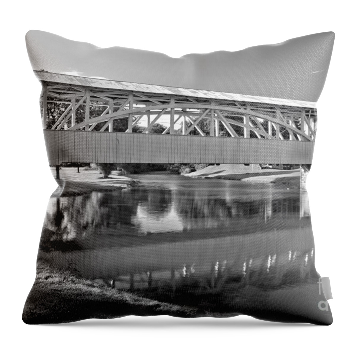 Halls Mill Covered Bridge Throw Pillow featuring the photograph Reflections Of The Halls Mill Covered Bridge Black And White by Adam Jewell