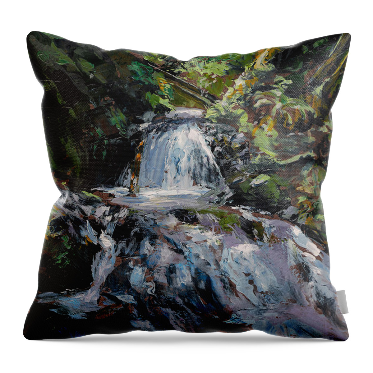 Impressionistic Throw Pillow featuring the painting Refreshed - Rainforest Waterfall Impressionistic Painting by K Whitworth