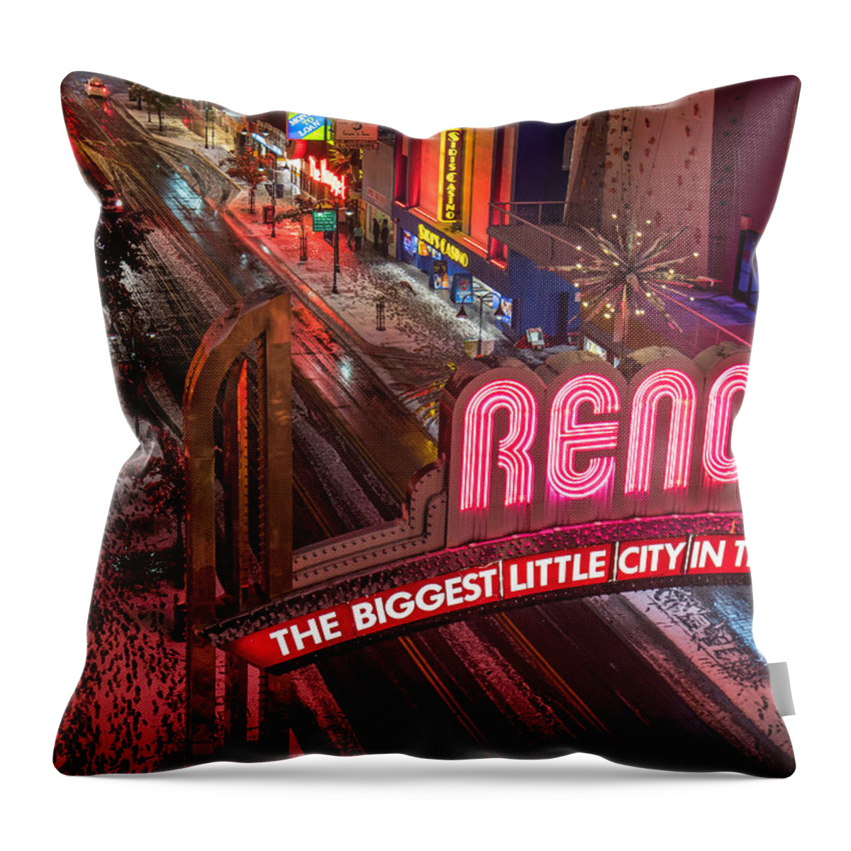 Nevada Throw Pillow featuring the photograph Reno Sign From Above by Marc Crumpler