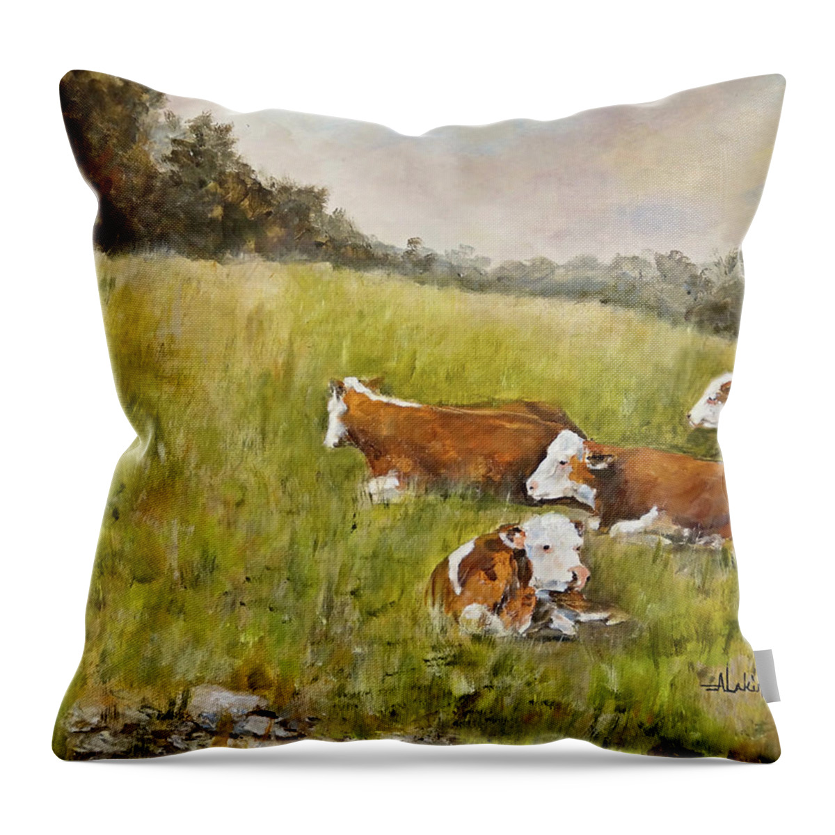 Cows Throw Pillow featuring the painting Repose by Alan Lakin