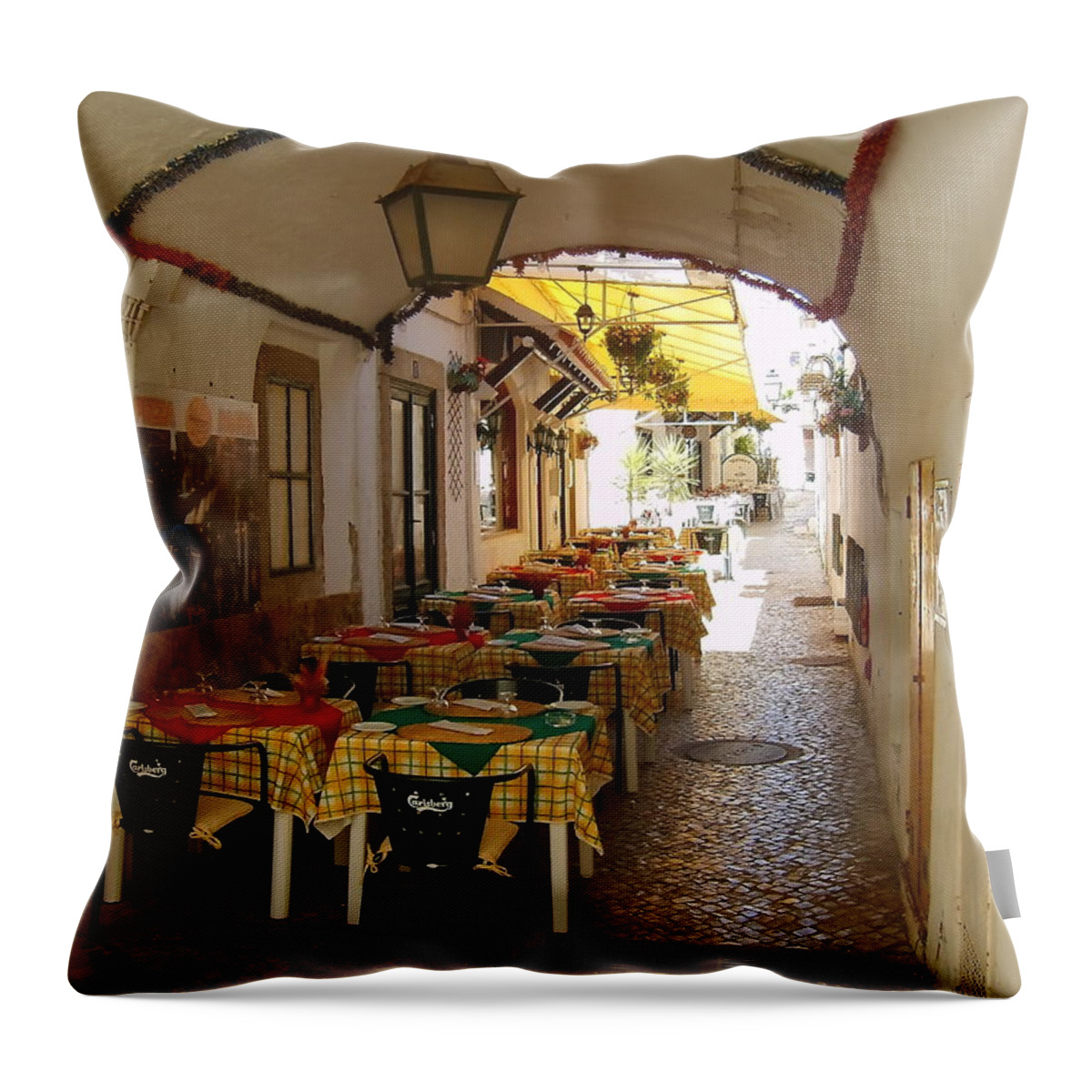Restaurant Throw Pillow featuring the photograph Restaurant in Albufeira by Jeff Townsend