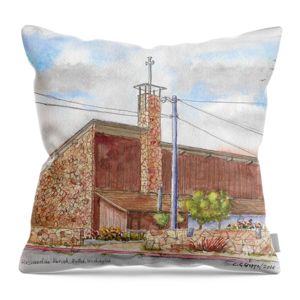 Churchs Throw Pillow featuring the painting Resurrection Parish or Zullah, Washington by Carlos G Groppa
