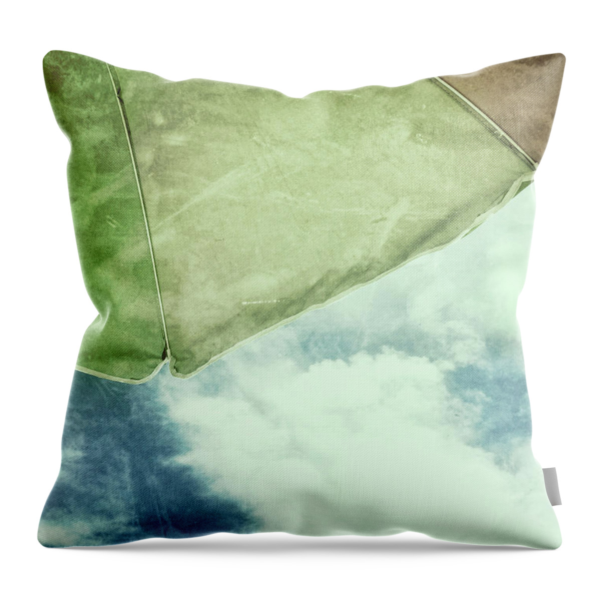 I Love Summer Throw Pillow featuring the photograph Retro feel beach umbrella blue sky by Marianne Campolongo