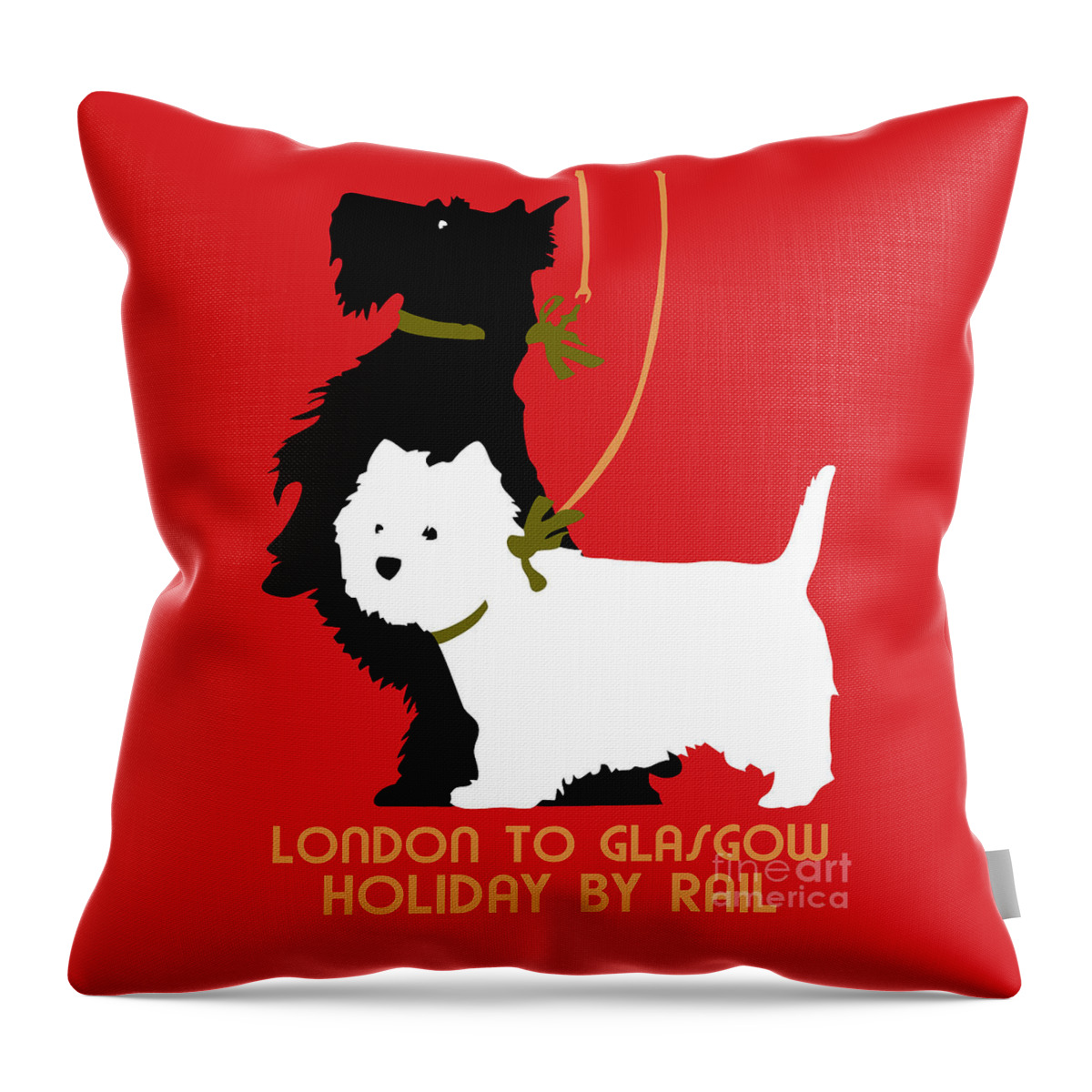 Vintage Throw Pillow featuring the digital art Retro London and Glasgow by train, dogs terriers by Heidi De Leeuw