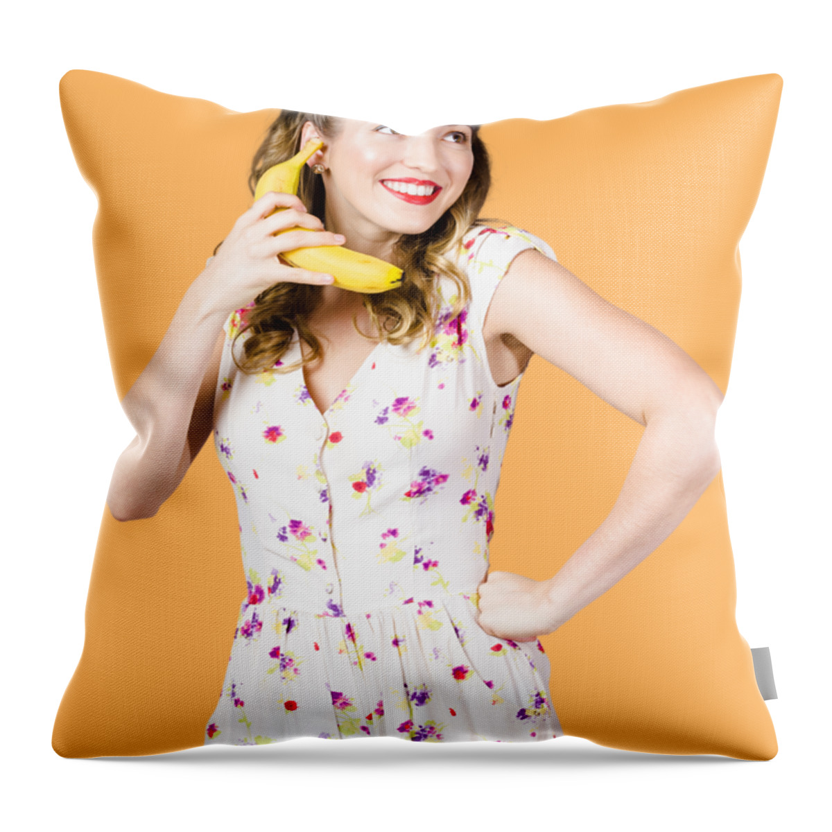 Fruit Throw Pillow featuring the photograph Retro pin up girl chatting on banana telephone by Jorgo Photography