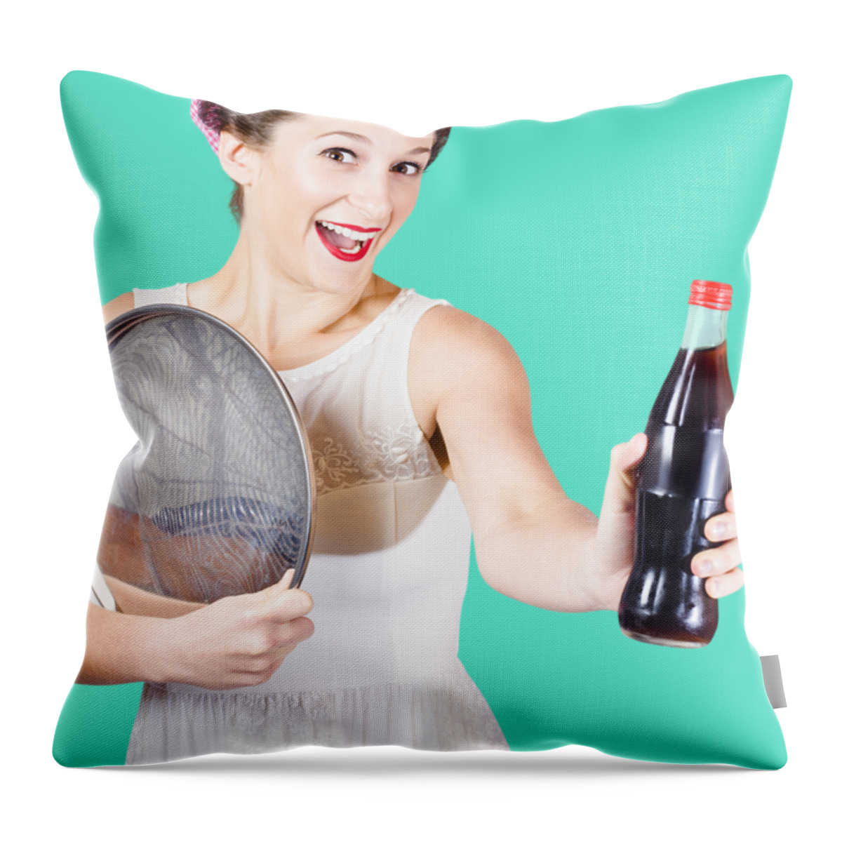Soda Throw Pillow featuring the photograph Retro pin-up girl giving bottle of soft drink by Jorgo Photography