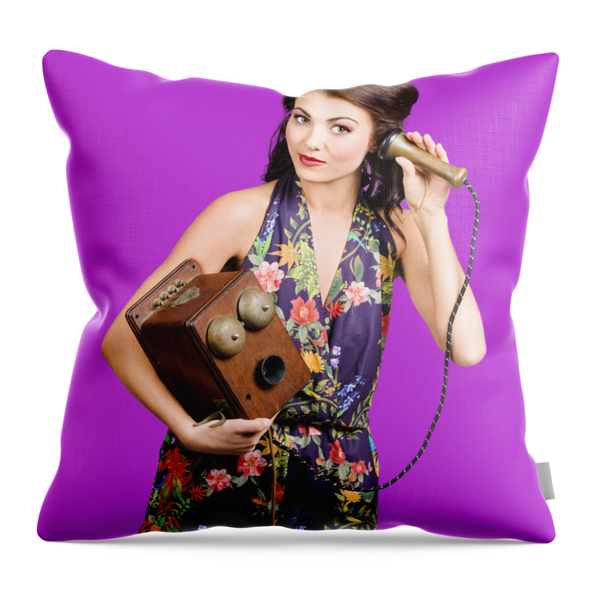 Reception Throw Pillow featuring the photograph Retro receptionist on vintage telephone. Call us by Jorgo Photography