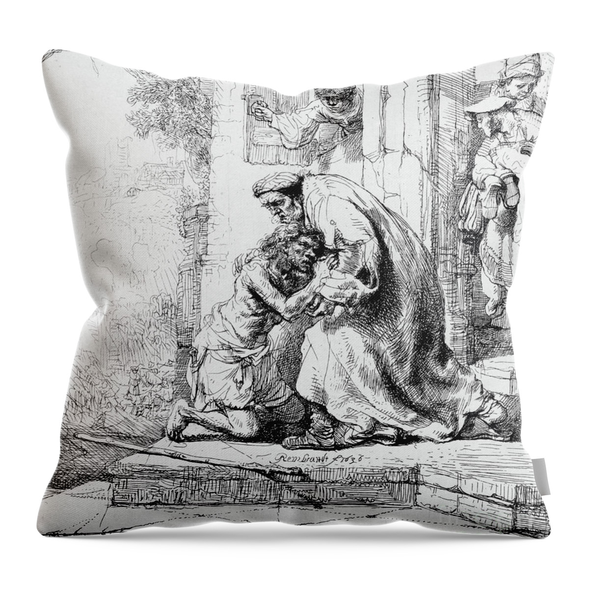 Rembrandt Throw Pillow featuring the drawing Return of the Prodigal Son by Rembrandt