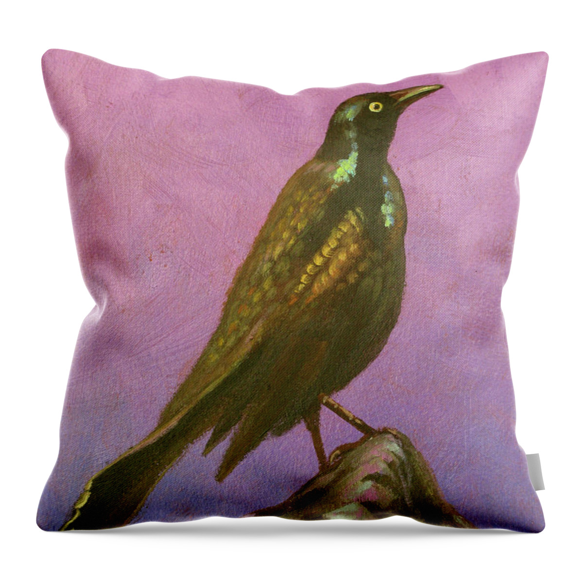 Grackle Throw Pillow featuring the painting Rev, Carl Blunderbuss by Don Morgan