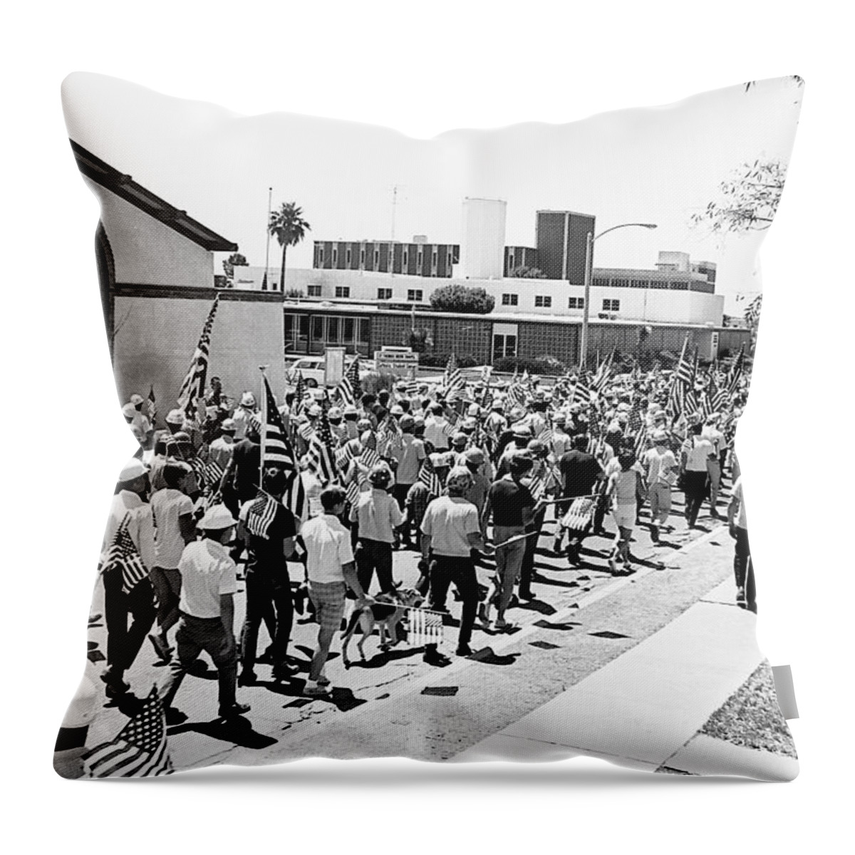 Reverse Angle Pro Viet Nam War Marchers Tucson Arizona 1970 Throw Pillow featuring the photograph Reverse angle Pro Viet Nam War marchers Tucson Arizona 1970 by David Lee Guss
