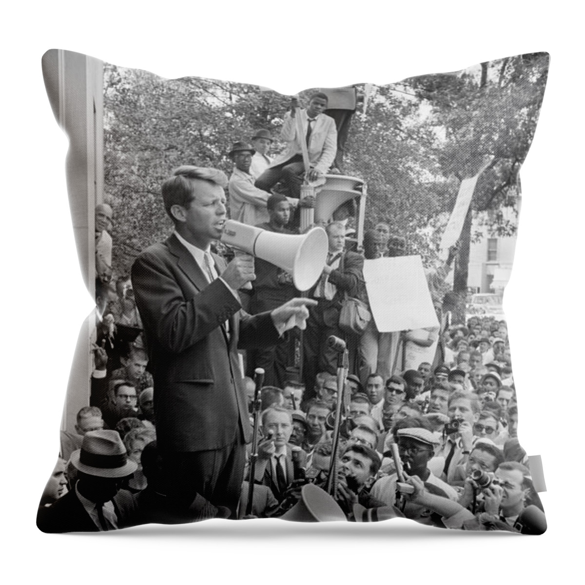 Rfk Throw Pillow featuring the photograph RFK Speaking At CORE Rally by War Is Hell Store