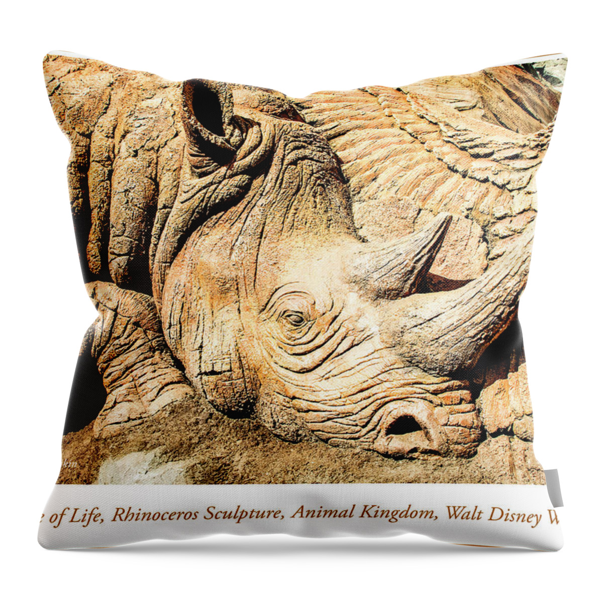 Rhinoceros Throw Pillow featuring the photograph Rhinoceros Sculpture, Tree of Life, Walt Disney World by A Macarthur Gurmankin