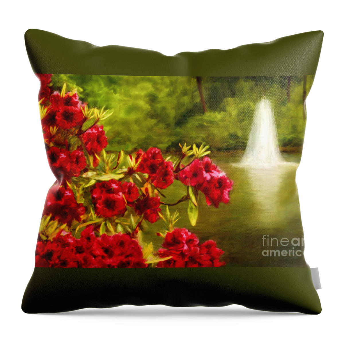 Painting Throw Pillow featuring the painting Painted Rhododendrons Fountain In Pond  by Sherry Curry