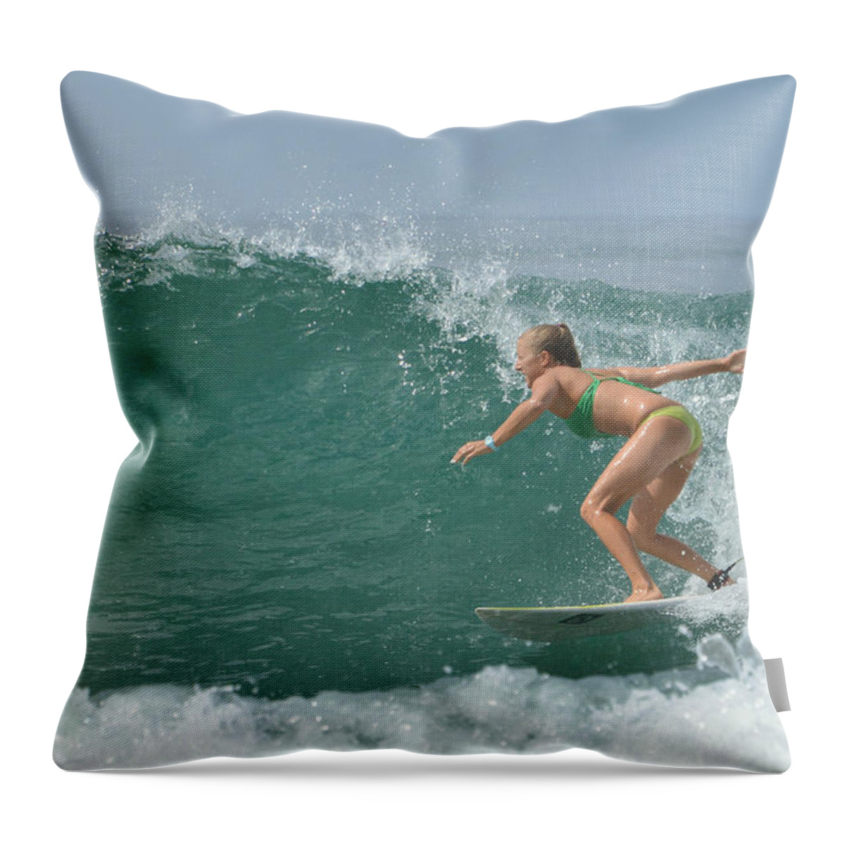 Surfer Throw Pillow featuring the photograph Riding It In 3 by Fraida Gutovich