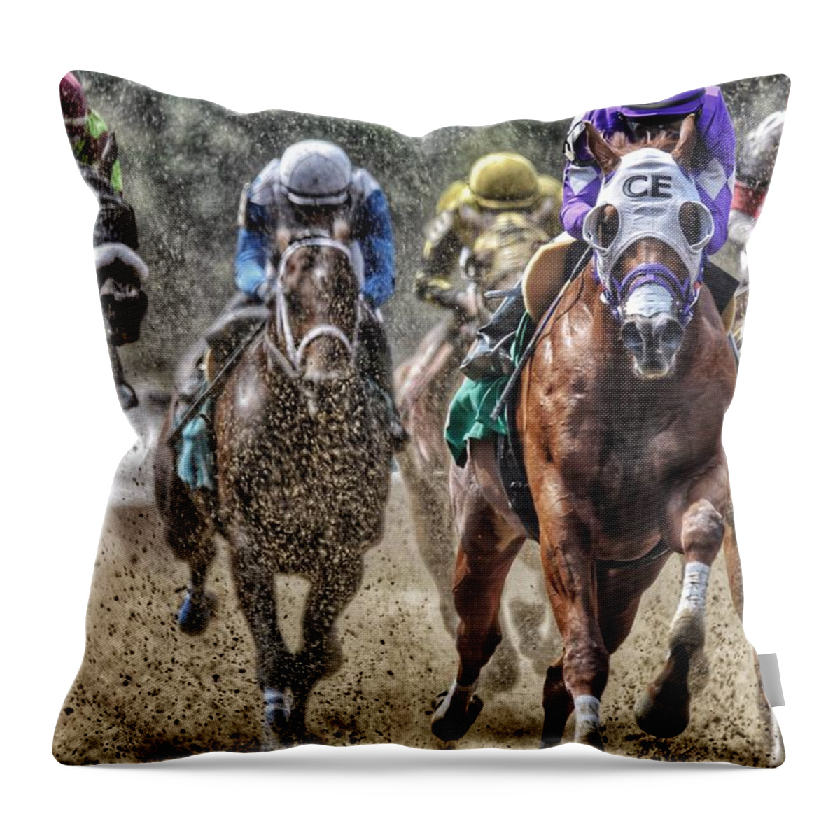 Race Horses Throw Pillow featuring the photograph Right at You by Jeffrey PERKINS