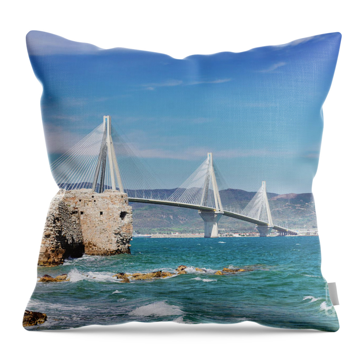 Patras Throw Pillow featuring the photograph Rio Antirrio Bridge by Anastasy Yarmolovich