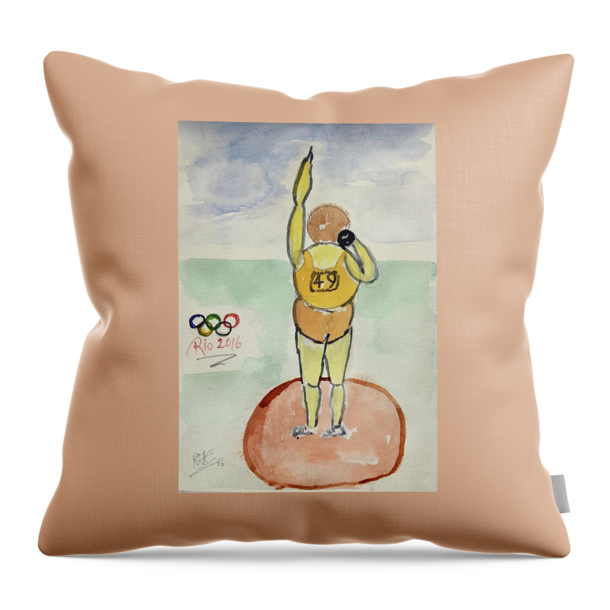 Sketch Throw Pillow featuring the painting Rio2016 - Shot Putt by Roger Cummiskey