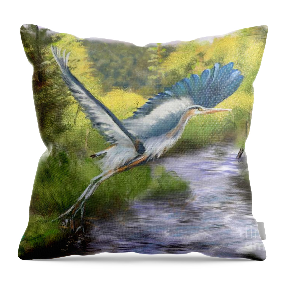 Great Blue Heron Throw Pillow featuring the painting Rising Free by Susan Sarabasha