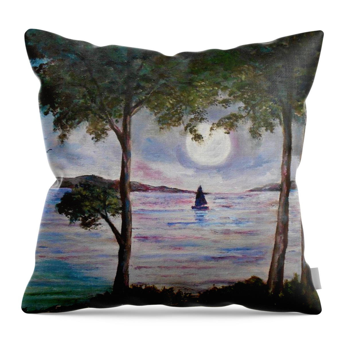 Seascapes Landscapes Canvas Prints Art Prints Greeting Cards Acrylic Prints Framed Prints Trees Skies Moonrrising Moon North Greece North Evia Evia Greece Throw Pillow featuring the painting Rising moon by Konstantinos Charalampopoulos