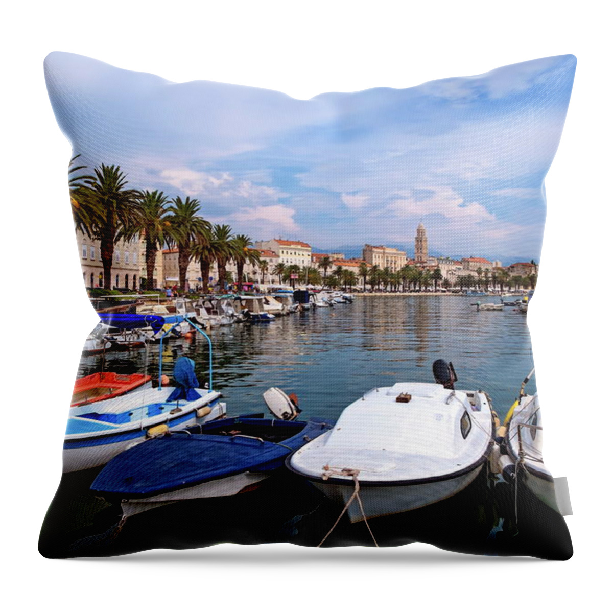 House Throw Pillow featuring the photograph Riva waterfront, houses and Cathedral of Saint Domnius, Dujam, Duje, bell tower Old town, Split, Croatia by Elenarts - Elena Duvernay photo