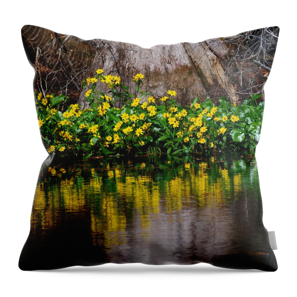 River And Flowers Closeup Throw Pillow featuring the photograph River and Flowers Closeup by Warren Thompson