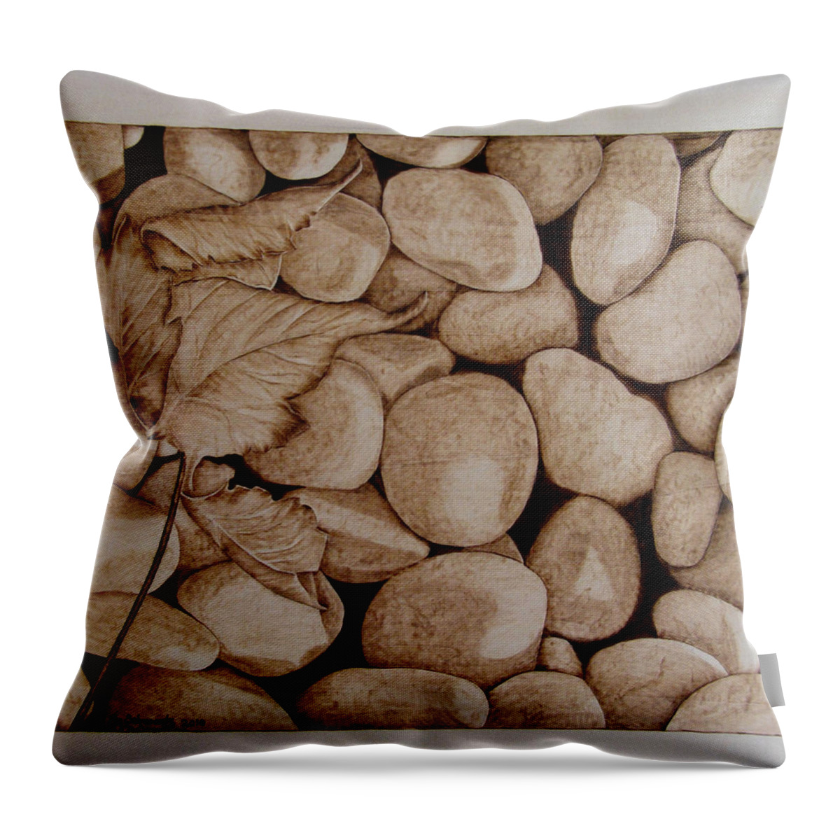 Pyrography Throw Pillow featuring the pyrography River Bed by Jo Schwartz