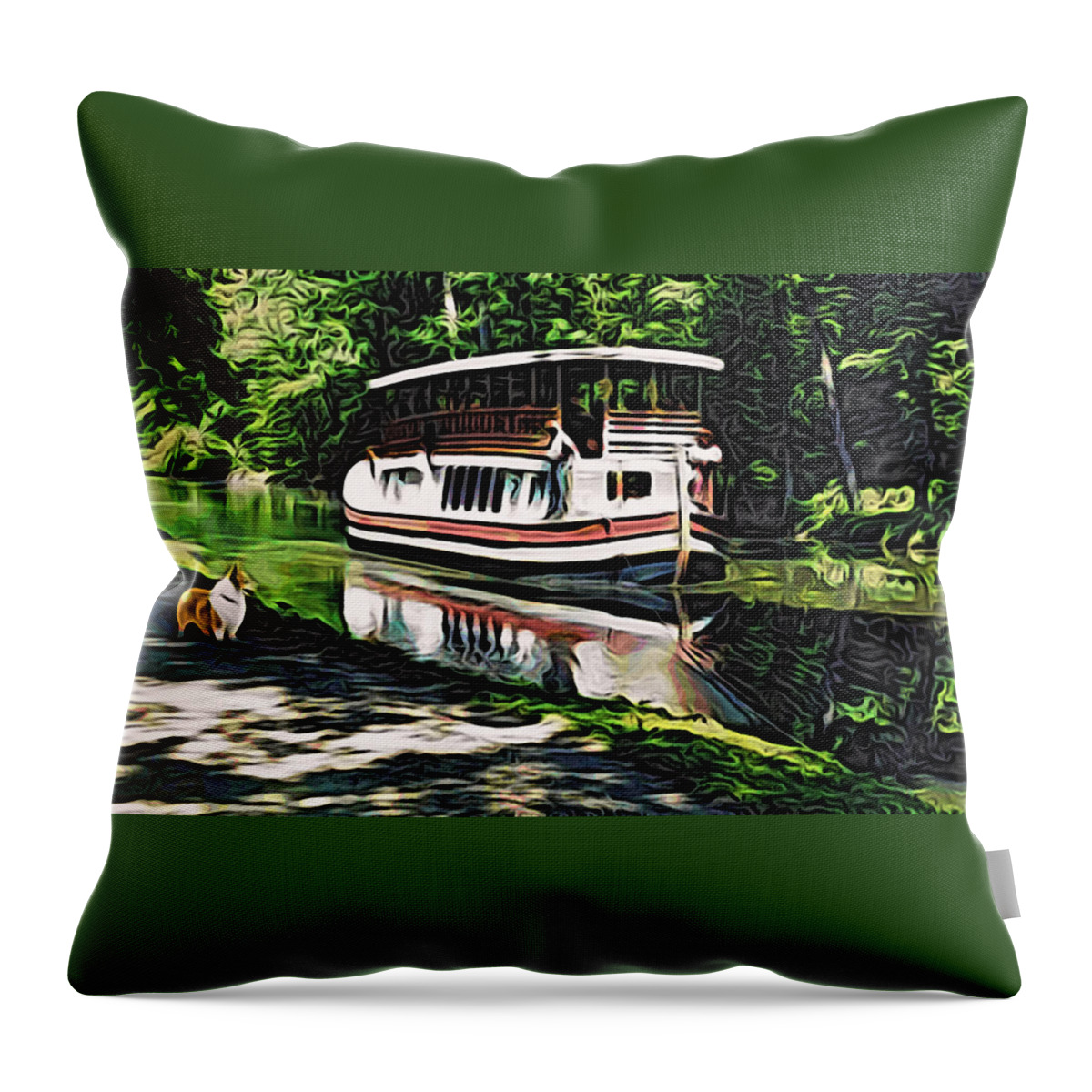 Pembroke Welsh Corgi Throw Pillow featuring the digital art River Boat with Welsh Corgi by Kathy Kelly