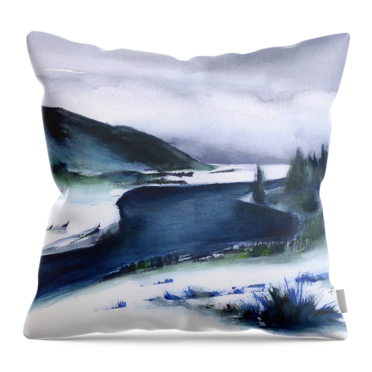 River In Winter Throw Pillow featuring the painting River In Winter by Frank Bright