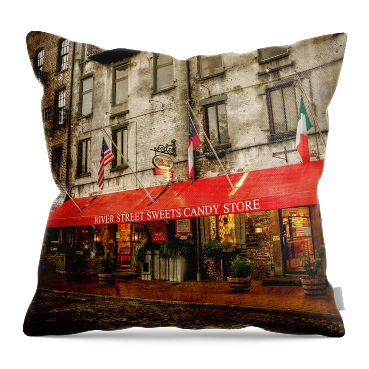 River Street Sweets Candy Store Throw Pillow featuring the photograph River Street Sweets by Greg and Chrystal Mimbs