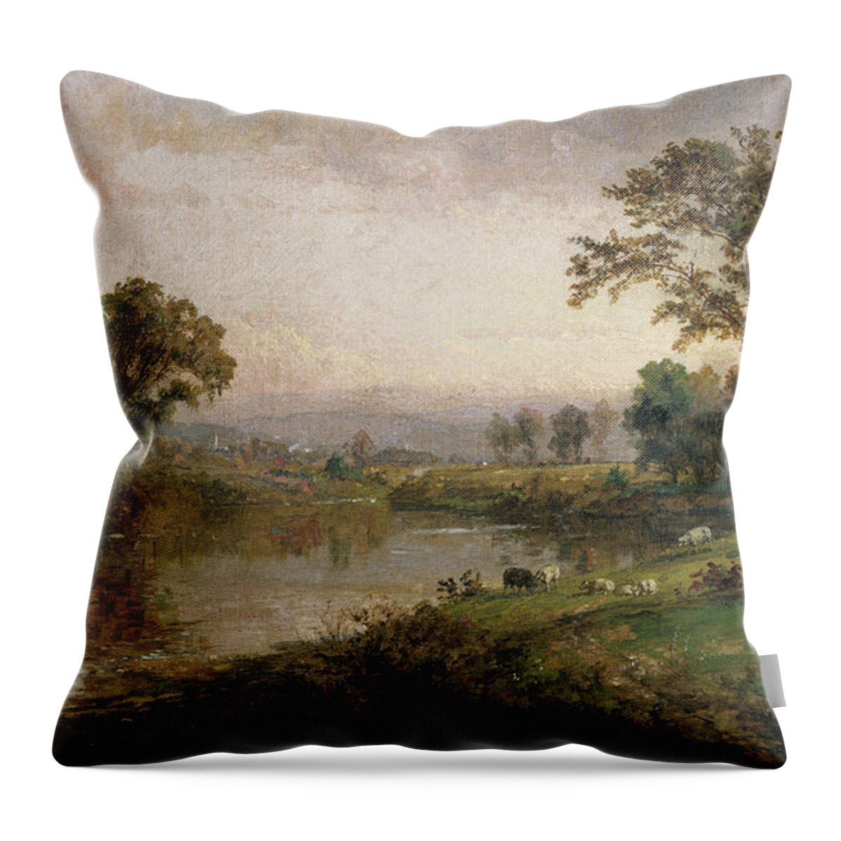 Riverscape; Early Autumn; Autumnal; Fall; Landscape; Hudson River School; Riverbank; Bank; Sheep; Flock; Rural; America; American; Herd Throw Pillow featuring the painting Riverscape in Early Autumn by Jasper Francis Cropsey