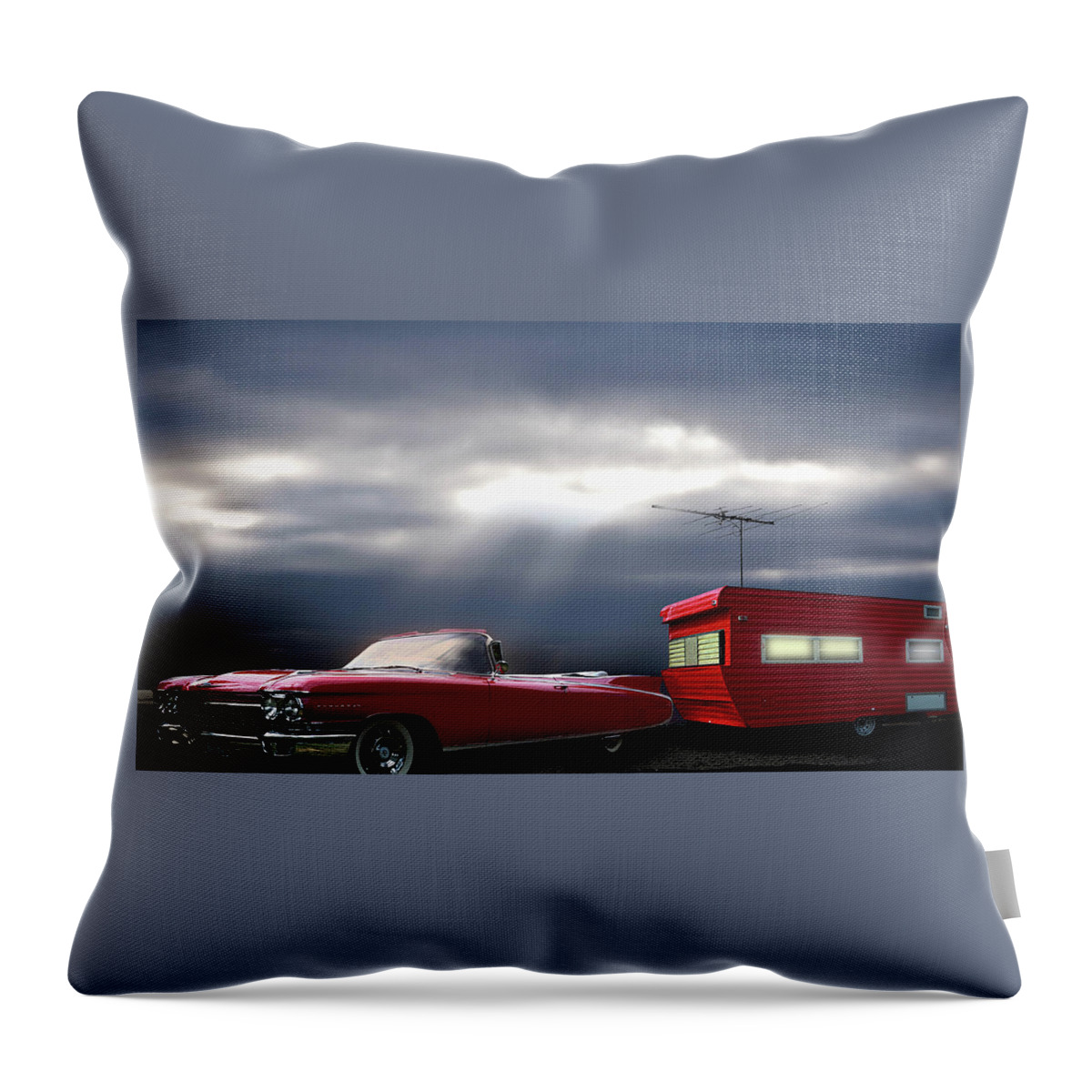 Transportation Throw Pillow featuring the photograph Red Cadillac Travel Trailer Road Trip by Larry Butterworth
