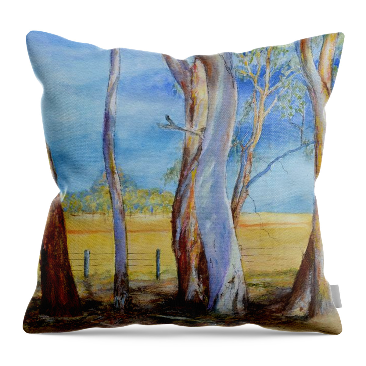 Gums Throw Pillow featuring the painting Roadside Eucalyptus Trees near Maldon by Dai Wynn