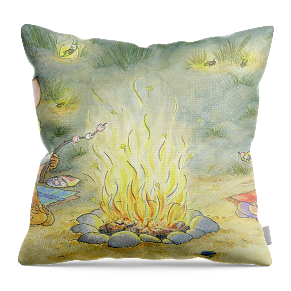 Sunny Bunnies Throw Pillow featuring the painting Roasting Marshmallows -- No Text by June Goulding