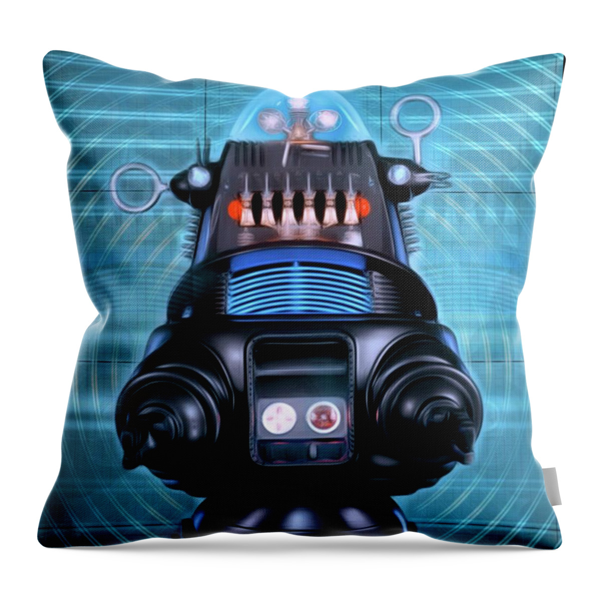 Robbie Throw Pillow featuring the digital art Robbie the Robot, Forbidden Planet by Esoterica Art Agency