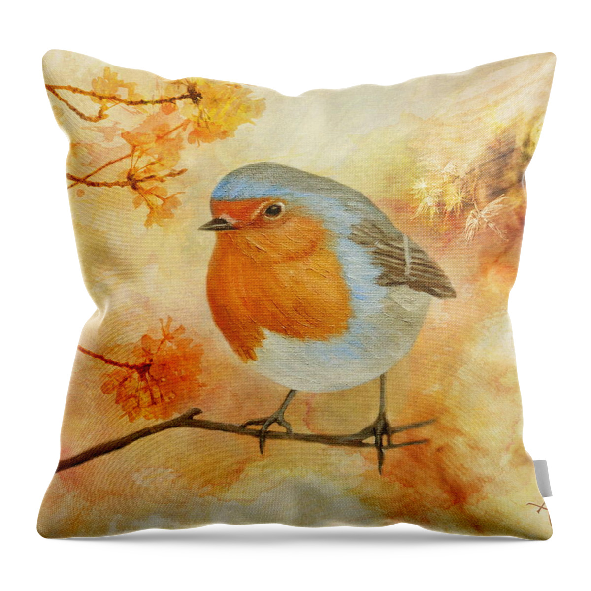 Robin Throw Pillow featuring the painting Robin Among Flowers by Angeles M Pomata