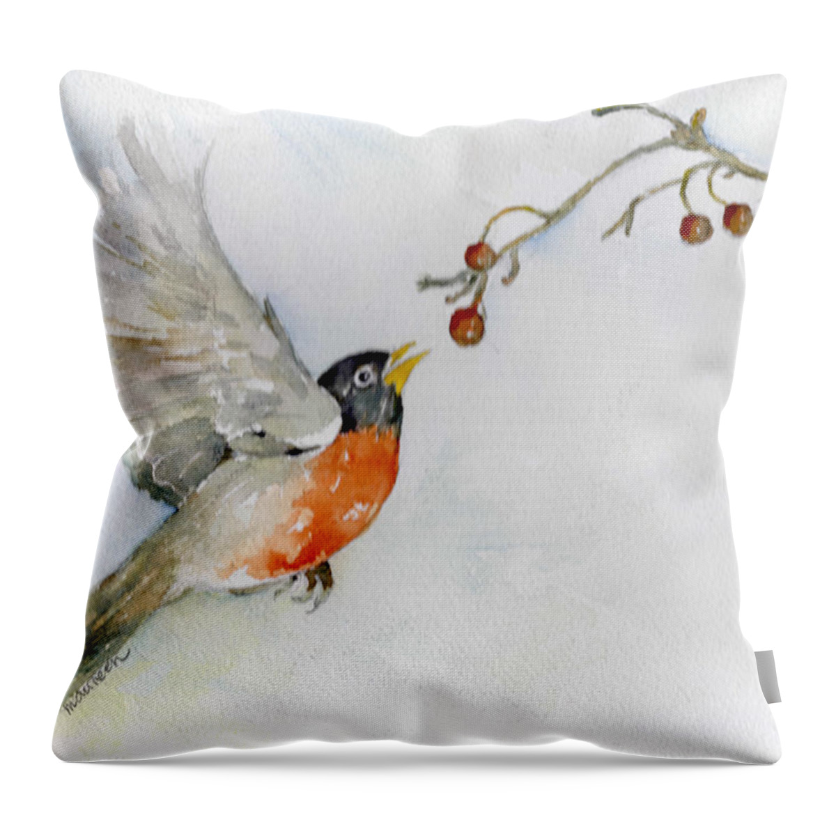 Robin Throw Pillow featuring the painting Robin in Flight by Maureen Moore