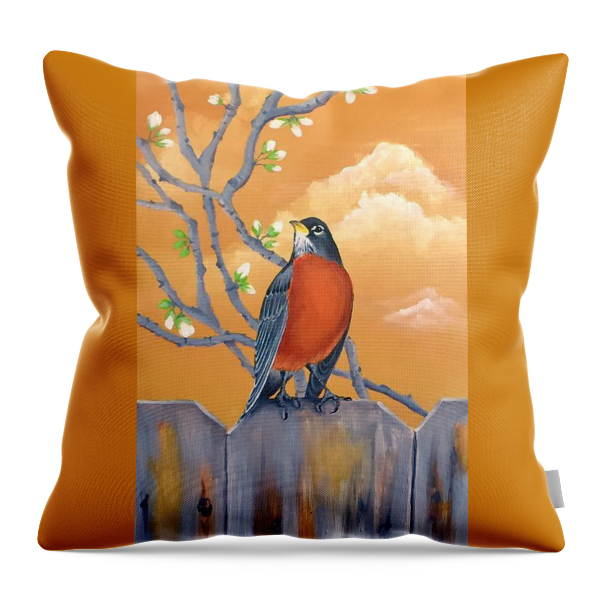 Robin Throw Pillow featuring the painting Robin Perched on Fence #1 by Renee Noel