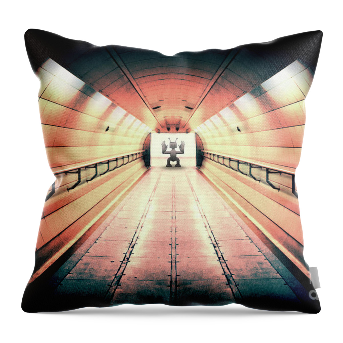 Robot Throw Pillow featuring the photograph Robot Guarding Tunnel by Phil Perkins