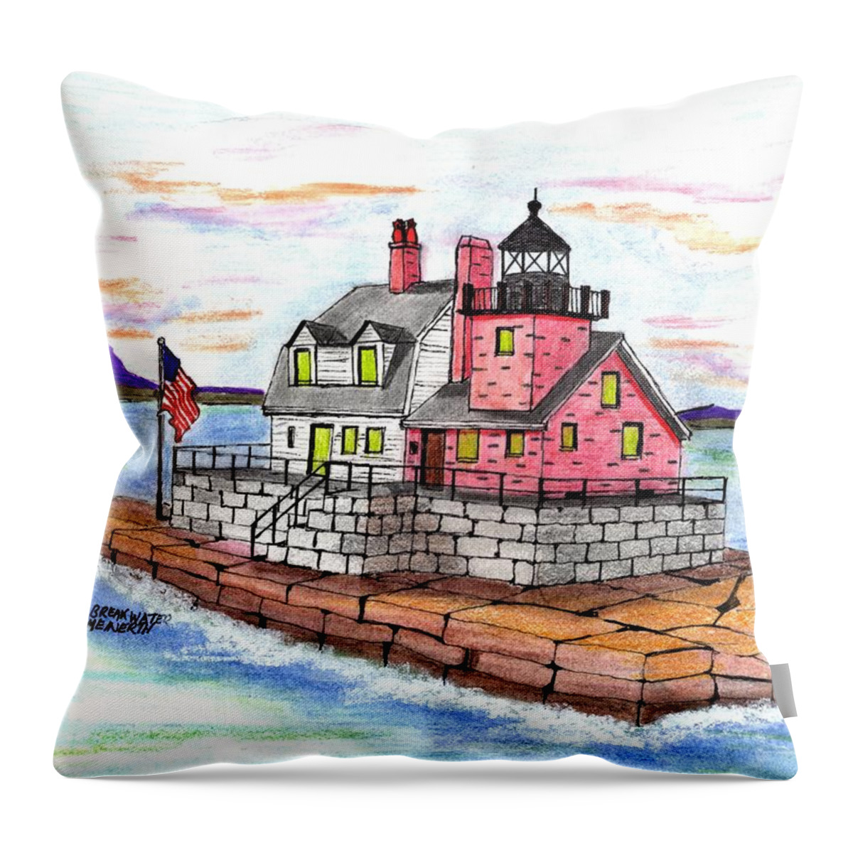 New England Lighthouses Throw Pillow featuring the drawing Rockland Breakwater Light by Paul Meinerth