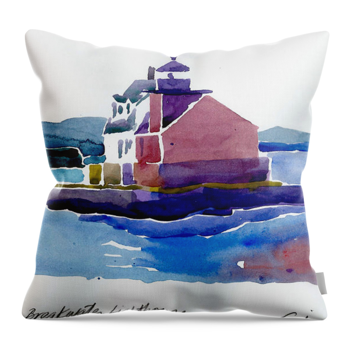 Lighthouse Throw Pillow featuring the painting Rockland Breakwater lighthouse watercolor 2014 Maine coast by Catinka Knoth