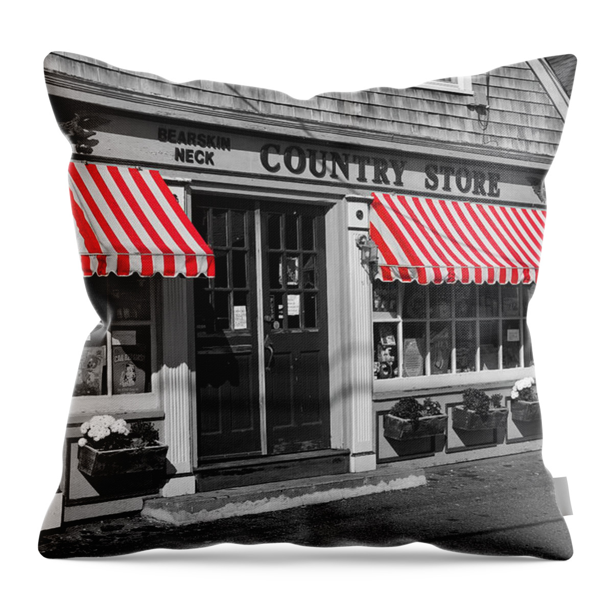 Awning Throw Pillow featuring the photograph Rockport Country Store - BW by Lou Ford