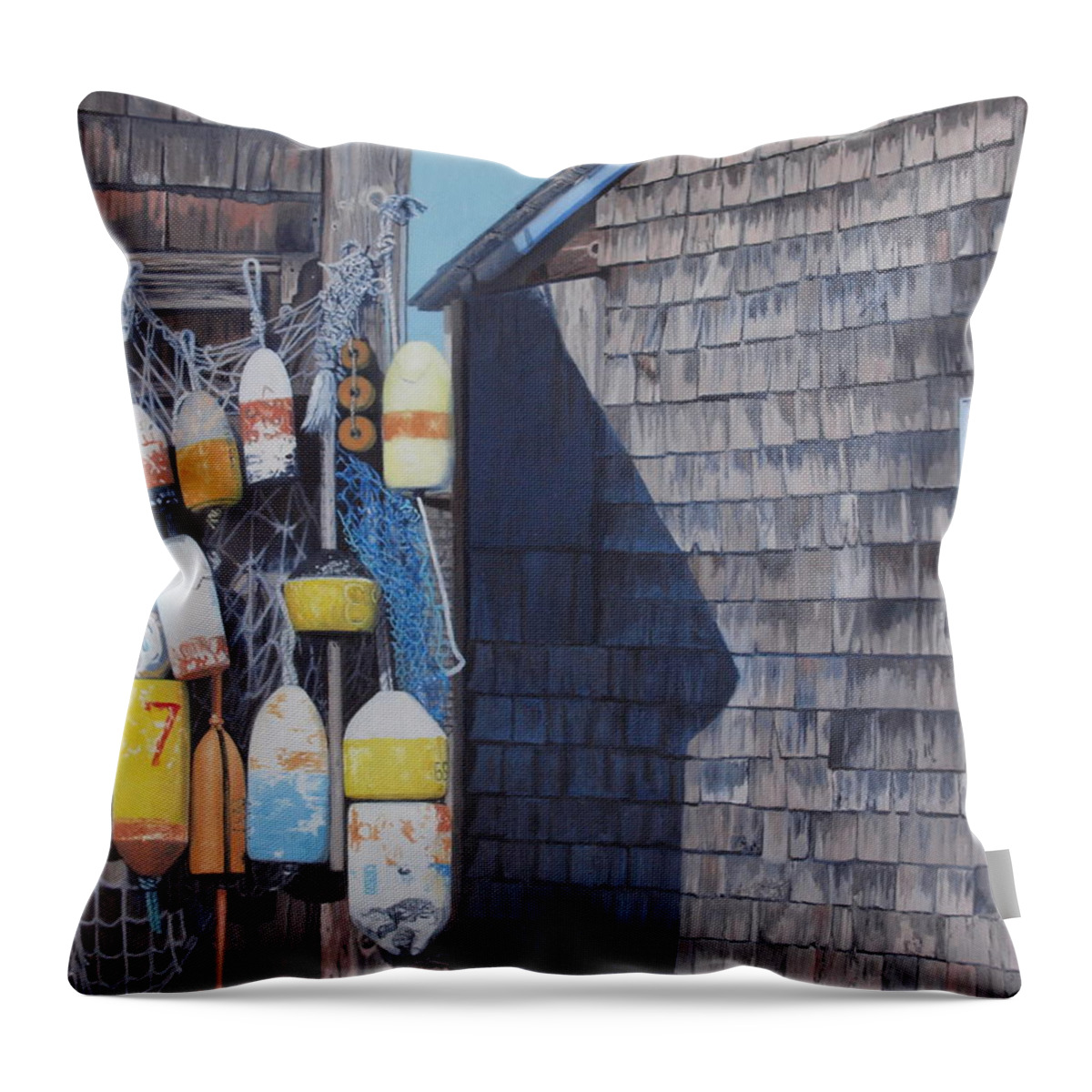 Lobster Throw Pillow featuring the painting Rockport fishing shack with lobster-buoys and nets by Barbara Barber