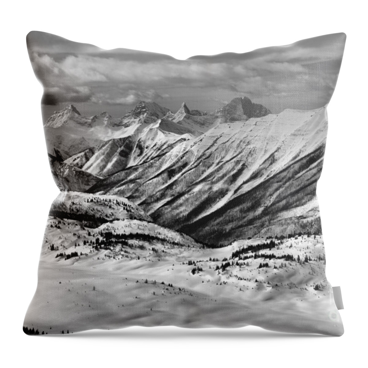 Banff Throw Pillow featuring the photograph Rocky MOuntain Views From The Slopes Of Sunshine Black And White by Adam Jewell