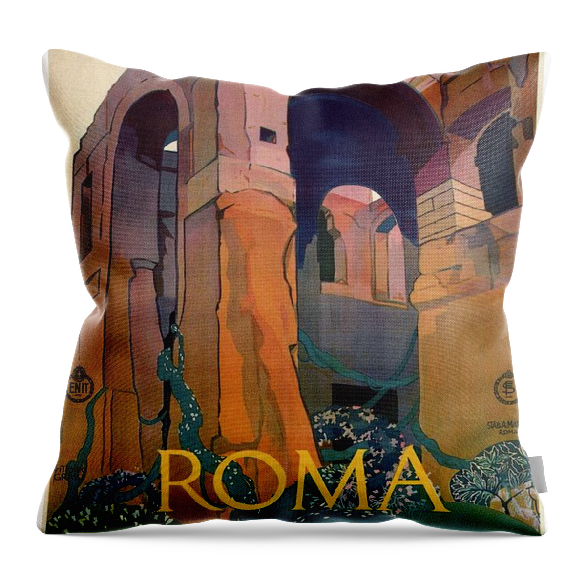 Roma Throw Pillow featuring the mixed media Roma Mercato Di Traiano - Rome's Trajan Market - Retro travel Poster - Vintage Poster by Studio Grafiikka