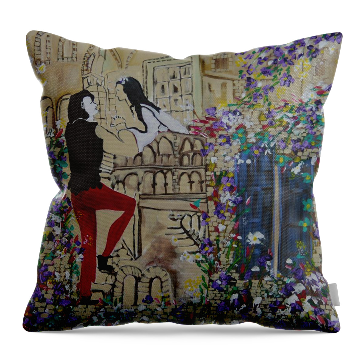 Love Story Throw Pillow featuring the painting Romeo and Juliet. by Sima Amid Wewetzer