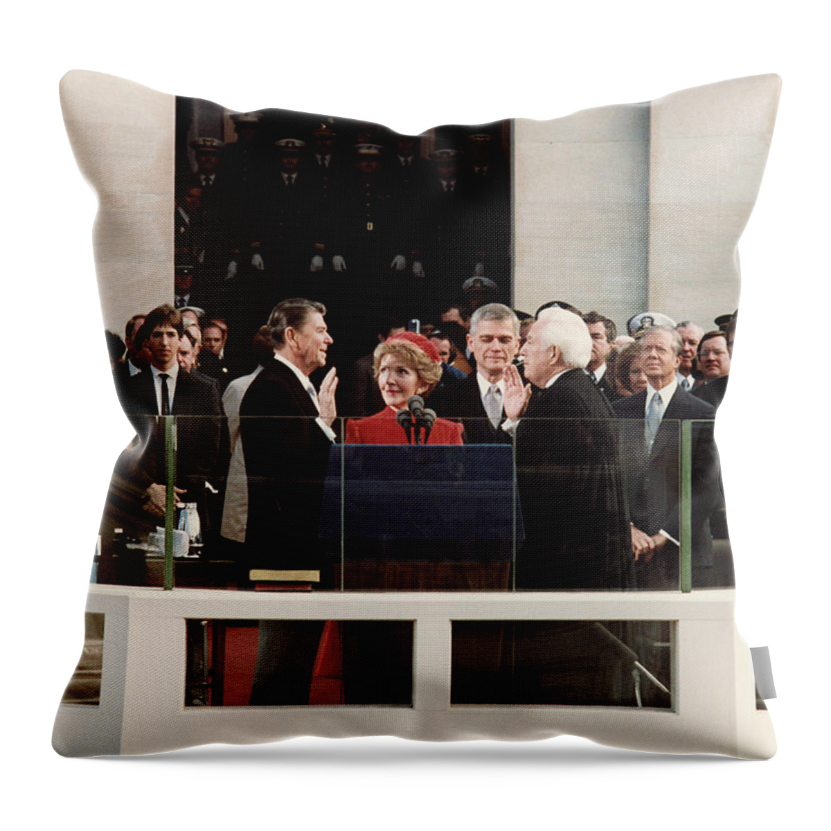 President Reagan Throw Pillow featuring the photograph Ronald Reagan Inauguration - 1981 by War Is Hell Store