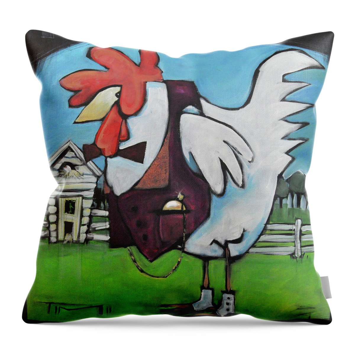 Rooster Throw Pillow featuring the painting Rooster and Hen House by Tim Nyberg