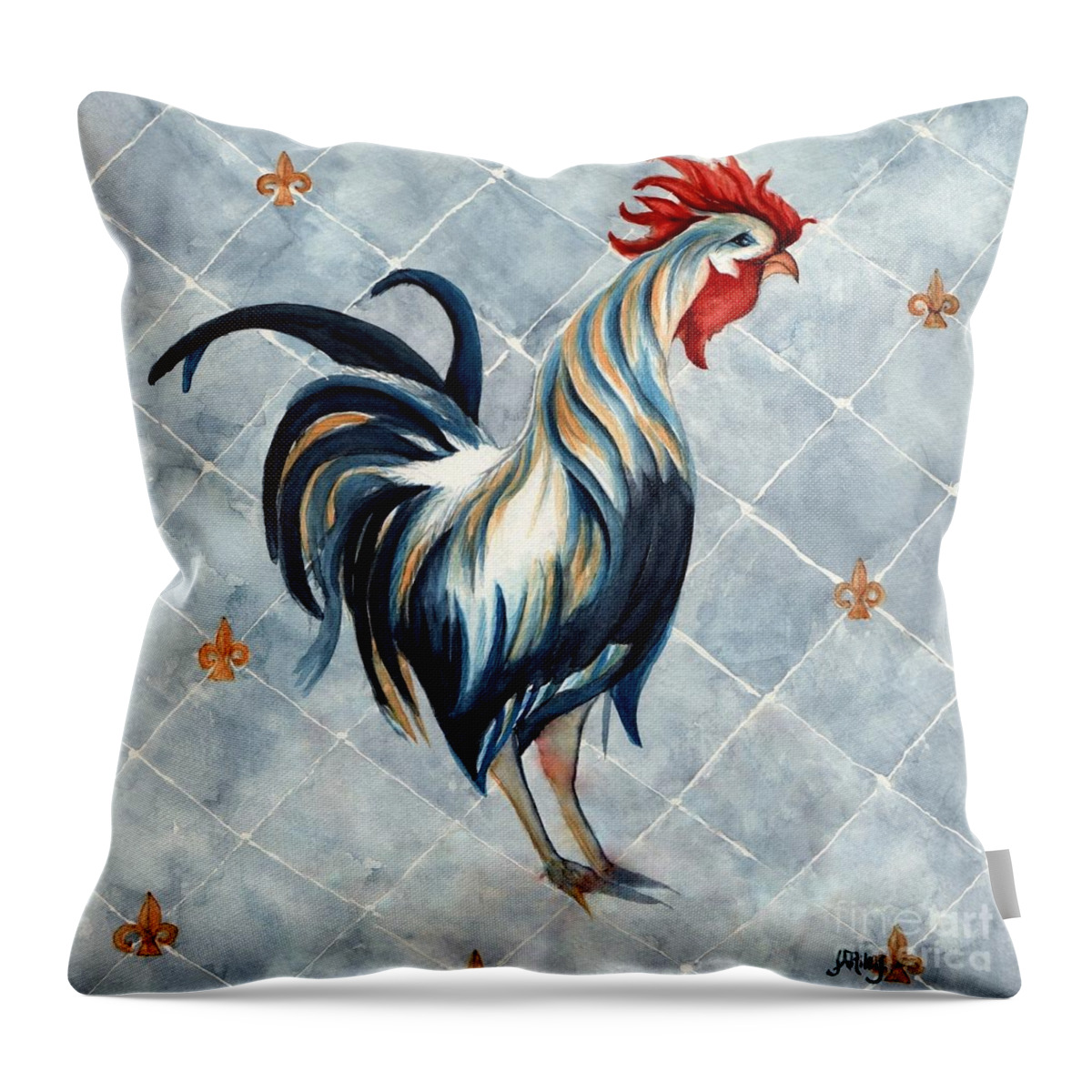 Rooster Throw Pillow featuring the painting Rooster - Red White and Blue Roo by Janine Riley