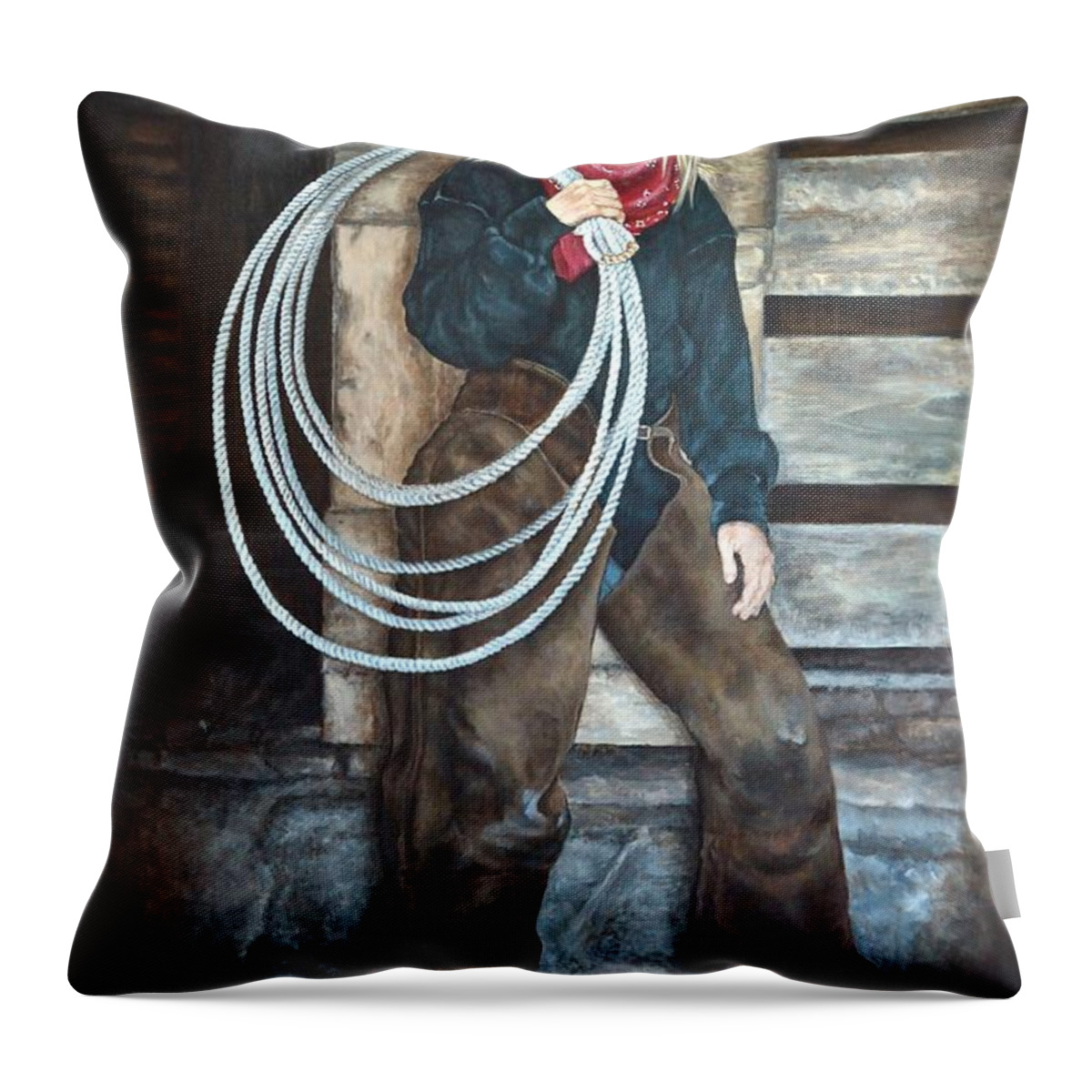 Western Paintings Throw Pillow featuring the painting Ropen Ready by Traci Goebel